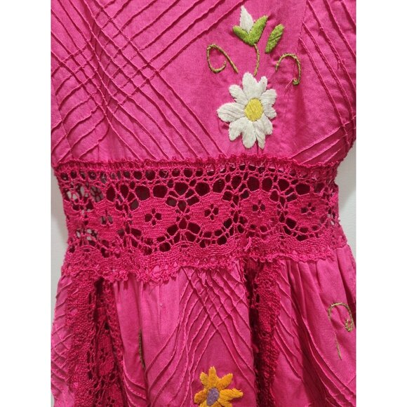 Stunning VTG MEXICAN OAXACA WEDDING PENTUCK Pink Lace FLORAL EMBROIDERY Dress XS - Picture 5 of 8
